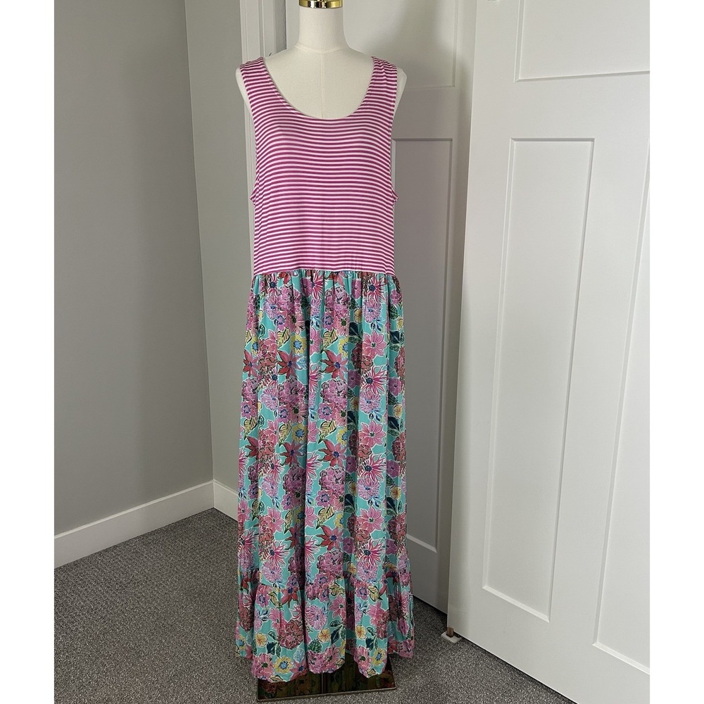 Gigi and Max Maxi Dress XL NWT Pink Stripe Floral Bamboo Tiered Boho